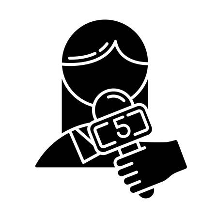 News and media glyph icon. Telecommunications and entertainment. Professional interviewer. Channel broadcasting. Filming reportage. Silhouette symbol. Negative space. Vector isolated illustrationのイラスト素材