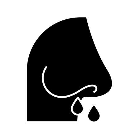 Drip nose glyph icon. Common cold. Grippe symptome. Flu infection. Runny nose, snot. Nasal illness. Healthcare. Allergy. Sneeze. Silhouette symbol. Negative space. Vector isolated illustrationのイラスト素材