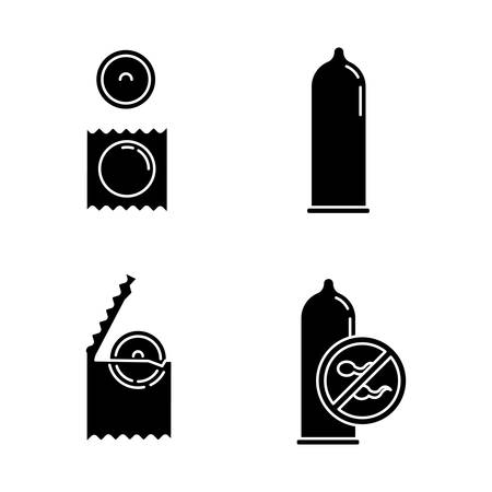 Contraceptive glyph icons set. Safe sex. Male latex condom in package. Preservative. Birth control. Unwanted pregnancy prevention. HIV risk precaution. Silhouette symbols. Vector isolated illustrationのイラスト素材