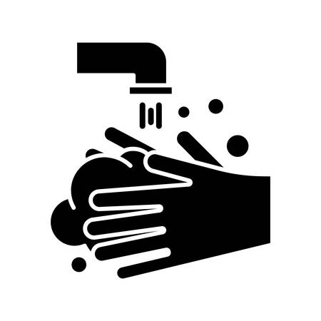 Rinse hands glyph icon. Hygiene and healthcare. Common cold precaution. Germ cleansing. Washing hand. Disinfect from flu bacteria. Silhouette symbol. Negative space. Vector isolated illustrationのイラスト素材