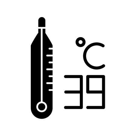 Thermometer glyph icon. High temperature. 39 degree Celcius. Body heat. Medical device. Common cold symptom. Flu, grippe. Silhouette symbol. Negative space. Vector isolated illustrationのイラスト素材