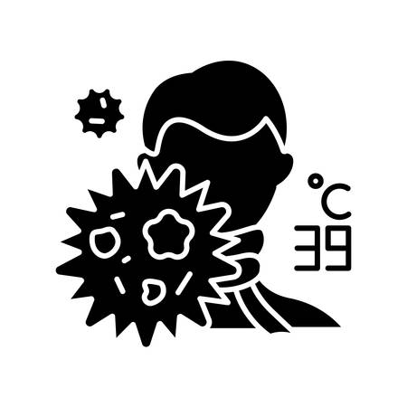 Influenza virus glyph icon. High temperature. Man with fever. Common cold. Healthcare. Influenza virus. Illness. Microbe outbreak. Silhouette symbol. Negative space. Vector isolated illustrationのイラスト素材