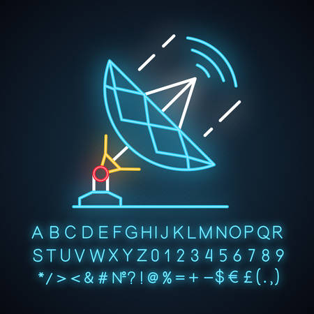 Telecommunication industry neon light icon. Broadcasting and telecommunication with satellite. Information streaming. Glowing sign with alphabet, numbers and symbols. Vector isolated illustrationのイラスト素材
