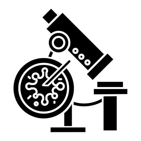 Infection test glyph icon. Medical procedure. Blood culture test. Microscope with sample. Disease examination. Hematology, microbiology. Silhouette symbol. Negative space. Vector isolated illustrationのイラスト素材