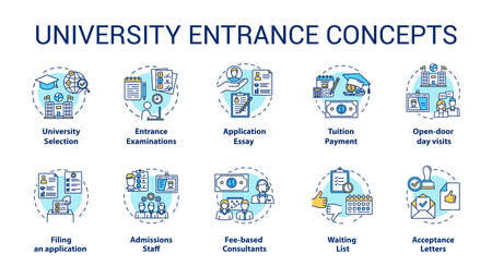 University entrance concept icons set. Academy selection, preparation of documents, exams and admission idea thin line illustrations. Vector isolated outline drawings. Editable strokeのイラスト素材