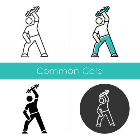 Exercise icon. Man workout. Gym activity. Athlete with dumbell. Healthcare. Physical wellness. Person stretching. Flat design, linear and color styles. Isolated vector illustrationsのイラスト素材