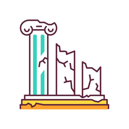 Ancient ruins color icon. Broken columns. Greek pillars. Lost cities and civilizations. Archeology. Historical monuments. Facade structure. Old architecture. Isolated vector illustrationのイラスト素材