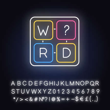 Missing letter puzzle neon light icon. Word game. Mental exercise. Challenge. Language, vocabulary test. Brain teaser. Glowing sign with alphabet, numbers and symbols. Vector isolated illustrationのイラスト素材