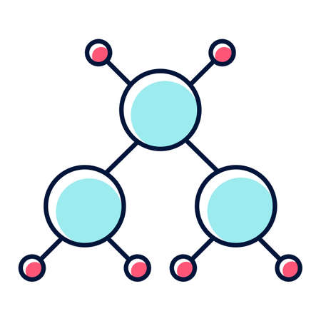 Blue and red molecule color icon. Multicolored crystal structure. Molecular ball and stick model. Organic chemistry elements. Scientific atom modeling. Isolated vector illustrationのイラスト素材