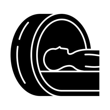 Tomography glyph icon. Brain scan. Cancer tumor check. Illness diagnosis. Disease examination. Medical procedure. Health evaluation. Silhouette symbol. Negative space. Vector isolated illustrationのイラスト素材