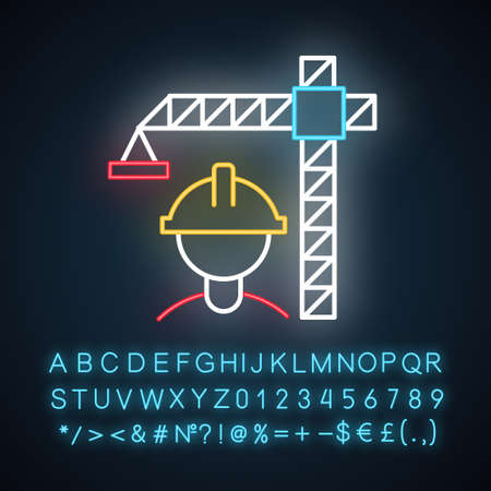 Construction industry neon light icon. Building sector. Crane, builder. Industrial engineering. Real estate development. Glowing sign with alphabet, numbers and symbols. Vector isolated illustrationのイラスト素材