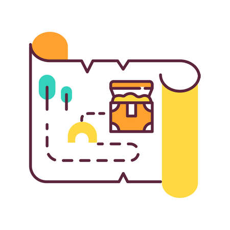 Treasure map color icon. Ancient manuscript. Old scroll. Treasure chest location. Historical artifacts. Discovery and exploration. Mystery parchment. Pirate gold. Isolated vector illustrationのイラスト素材