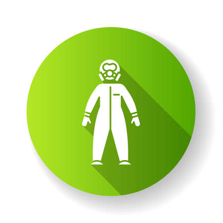Protective suit green flat design long shadow glyph icon. Chemical industries. Biohazard, radioactive protection. Safety of worker. Organic chemistry. Vector silhouette illustrationのイラスト素材