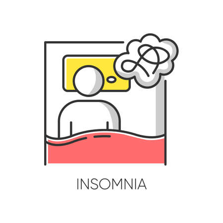 Insomnia color icon. Sleep deprivation. Person awake. Sleeplessness from stress and anxiety. Exhaustion, fatigue. Depression, worry. Mental disorder. Psychological issue. Isolated vector illustrationのイラスト素材