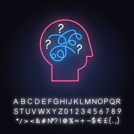 Puzzled mind neon light icon. Mental exercise, challenge. Brain teaser. Logic questions. Solution finding porcess. Glowing sign with alphabet, numbers and symbols. Vector isolated illustrationのイラスト素材