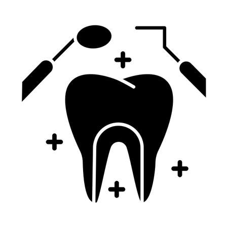 Dental care glyph icon. Medical procedures. Dentistry. Odontology. Tooth examination. Caries prevention. Toothache checkup. Silhouette symbol. Negative space. Vector isolated illustrationのイラスト素材
