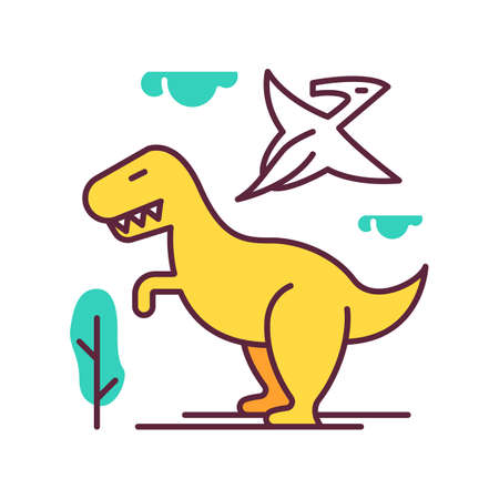 Dinosaurs color icon. Prehistoric animals. Tyrannosaurus rex. Flying pterodactyl. Jurassic park. Dangerous beasts. Ancient wildlife. Archeology and history. Isolated vector illustrationのイラスト素材