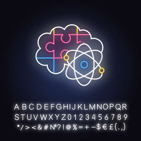 Brain teaser neon light icon. Science puzzle, logic game. Mental exercise. Challenge. Ingenuity, intelligence test. Glowing sign with alphabet, numbers and symbols. Vector isolated illustrationのイラスト素材