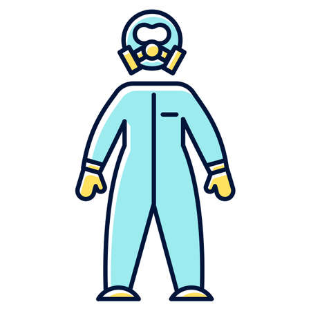 Blue protective suit color icon. Chemical industries. Biohazard, radioactive, dangerous elements protection. Safety of worker health. Organic chemistry. Isolated vector illustrationのイラスト素材