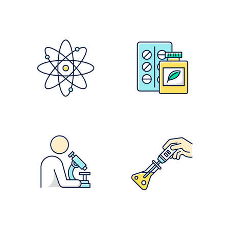 Science development color icons set. Biotechnologies products. Experiment methodology. Working in laboratory. Microbiology scientists. Organic chemistry research. Isolated vector illustrationsのイラスト素材