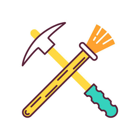 Archeologist tools equipment color icon. Restoration. Renovation equipment. Reconstruction of ancient artifact. Discovery and exploration. Paleontology. Historical search. Isolated vector illustrationのイラスト素材
