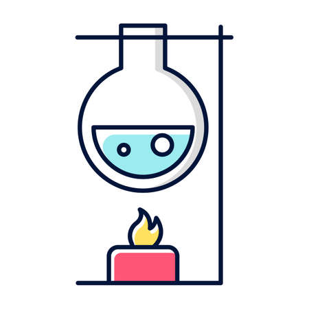Heating laboratory flask with candle color icon. Conducting experiment. Laboratory work. Interaction with chemicals. Scientific research, practice. Organic chemistry. Isolated vector illustrationのイラスト素材