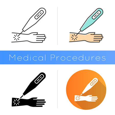 Laser therapy icon. Medical surgical procedure. Healthcare services. Cure disease, illness aid. Injury therapy. Destroy tumor. Flat design, linear and color styles. Isolated vector illustrationsのイラスト素材