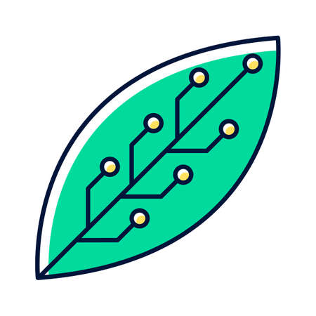 Green leaf with microchip color icon. Smart agriculture. Green information technology. Organic chemistry. Nanotechnology and microelectronics. Biotechnology development. Isolated vector illustrationのイラスト素材