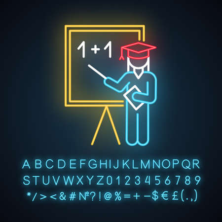 Education industry neon light icon. Educational process. Pedagogy practice. Learning system. Teaching. Basic knowledge. Glowing sign with alphabet, numbers and symbols. Vector isolated illustrationのイラスト素材