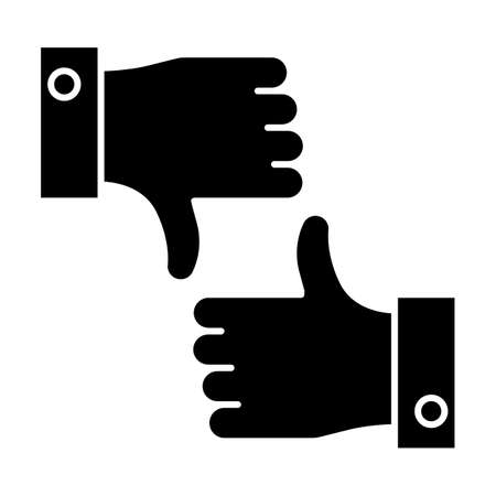 Like and dislike glyph icon. Feedback option. Info evaluation. Data assessment. Hand up and down sign. Negative and positive experience. Silhouette symbol. Negative space. Vector isolated illustrationのイラスト素材