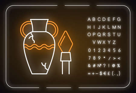 Ancient artifacts neon light icon. Greek amphora. Roman spear. Old culture. Historical discovery. Cracked clay vase. Glowing sign with alphabet, numbers and symbols. Vector isolated illustrationのイラスト素材