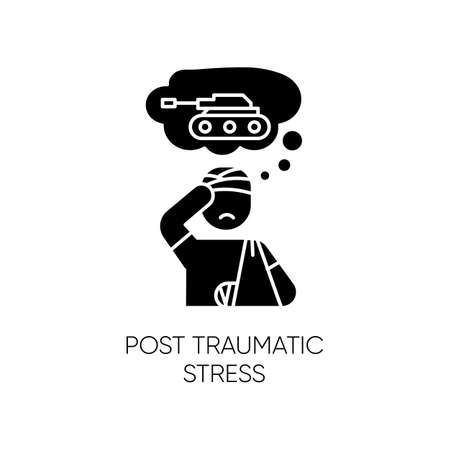 Post-traumatic stress glyph icon. Veteran with anxiety. Depressed soldier. Distress thoughts. PTSD psychotherapy. Mental disorder. Silhouette symbol. Negative space. Vector isolated illustrationのイラスト素材