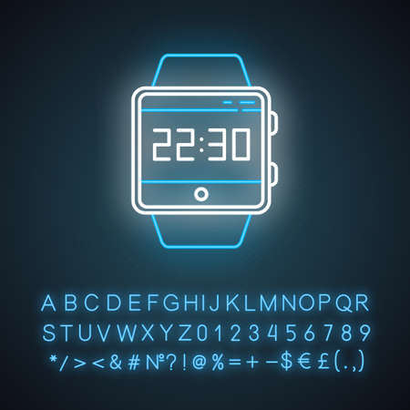 Current time smartwatch function neon light icon. Clock, time measurement. Hours, minutes and seconds counting. Glowing sign with alphabet, numbers and symbols. Vector isolated illustrationのイラスト素材