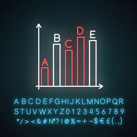 Survey statistics neon light icon. Data analysis, information collection. Infographic. Chart growth, graph rise. Glowing sign with alphabet, numbers and symbols. Vector isolated illustrationのイラスト素材