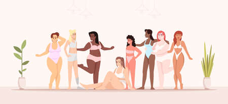 Body positive flat vector illustration. Struggle for equality and feminism. Indoor interior. Smiling ladies of different nationalities. Pot flowers. Women dressed in swimsuits cartoon charactersのイラスト素材