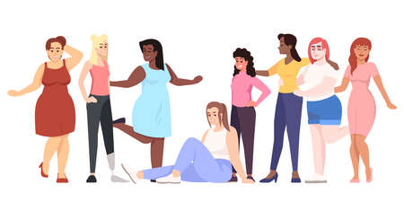 Women flat vector illustration. Body positive. Struggle for equality and feminism. Thin and plus size figure. Smiling ladies of different nationalities isolated cartoon character on white backgroundのイラスト素材