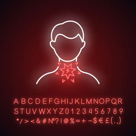 Sore throat neon light icon. Sickness pain. Illness symptome. Common cold. Flu and influenza virus. Fever suffering. Glowing sign with alphabet, numbers and symbols. Vector isolated illustrationのイラスト素材
