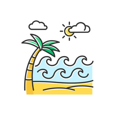 Waves on sandy beach color icon. Seaside with palm. Trip to Indonesian islands. Sunny sea coast in Bali. Weather for surfing. Summer holiday trip idea. Isolated vector illustrationのイラスト素材