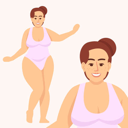 Woman dressed in swimsuit flat vector illustration. Plus size figure. Body positive and feminism. Excess weight. Caucasian smiling lady with brown hair isolated cartoon character on white backgroundのイラスト素材