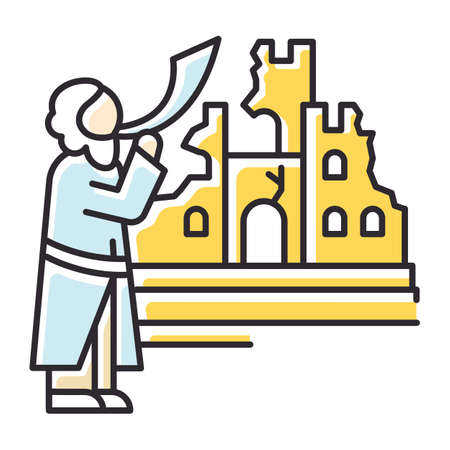 The fall of Jericho Bible story color icon. Castle ruin in Jerusalem city. Religious legend. Christian religion, holy book scene plot. Biblical narrative. Isolated vector illustrationのイラスト素材