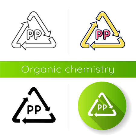 PP symbol icon. Thermoplastic polymer marking. Resin identification code. Arrow triangle. Organic chemistry. Flat design, linear, black and color styles. Isolated vector illustrationsのイラスト素材