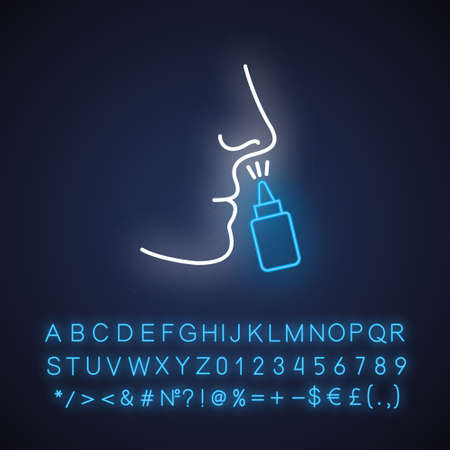 Drip nose neon light icon. Nasal disease. Flu and influenza virus. Common cold. Healthcare. Respiratory sprayer. Glowing sign with alphabet, numbers and symbols. Vector isolated illustrationのイラスト素材