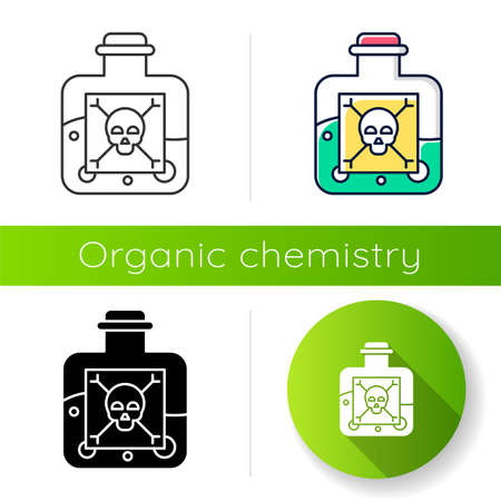 Poison icon. Hazardous chemicals. Green poison in bottle. Organic chemistry. Poisonous and harmful substance. Flat design, linear, black and color styles. Isolated vector illustrationsのイラスト素材