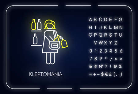 Kleptomania neon light icon. Woman stealing alcohol. Substance abuse. Mental disorder. Person hiding beverage. Glowing sign with alphabet, numbers and symbols. Vector isolated illustrationのイラスト素材