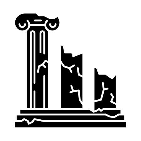 Ancient ruins glyph icon. Broken columns. Greek pillars. Lost cities and civilizations. Archeology. Historical monuments. Silhouette symbol. Negative space. Vector isolated illustrationのイラスト素材