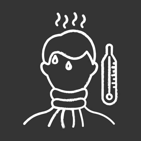 High temperature chalk icon. Fever symptom. Disease, illness, Man unwell. Healthcare. Flu, influenza. Sick person. Severe pain. Thermometer. Grippe treatment. Isolated vector chalkboard illustrationのイラスト素材