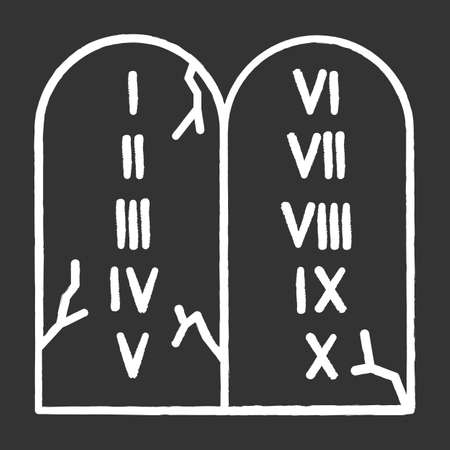 Ten Commandments Bible story chalk icon. Biblical laws written on stone tablets. Religious legend. Christian religion, holy book narrative, sacred scene. Isolated vector chalkboard illustrationのイラスト素材