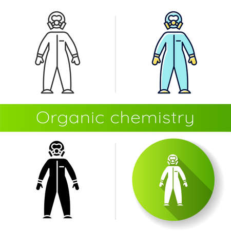 Protective suit icon. Chemical industries. Biohazard, radioactive protection. Safety of worker. Organic chemistry. Flat design, linear, black and color styles. Isolated vector illustrationsのイラスト素材