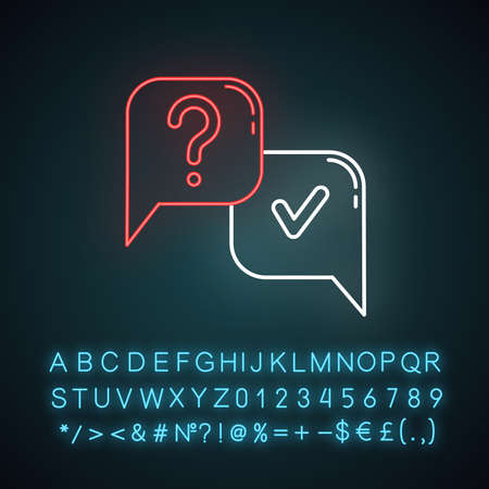 Question and answer neon light icon. FAQ sign. Speech bubble. Ask, answer. Chat, dialogue. Online interview. Discussion. Glowing sign with alphabet, numbers and symbols. Vector isolated illustrationのイラスト素材