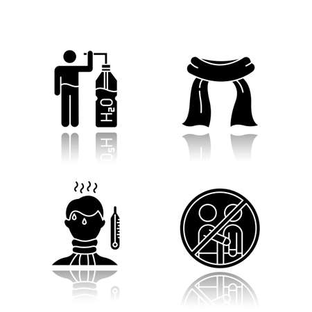 Common cold drop shadow black glyph icons set. Drink water and liquid. Neckscarf. High temperature. Fever sign. Avoid people contact. Health care. Garment, cloth. Isolated vector illustrationsのイラスト素材